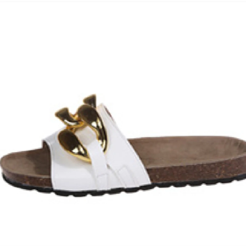 

Women's PU Leather Summer Slippers Ladies Retro Metal Decorative Flat Slipper Chain Fashion Casual Shoes Beach Style Plus Size