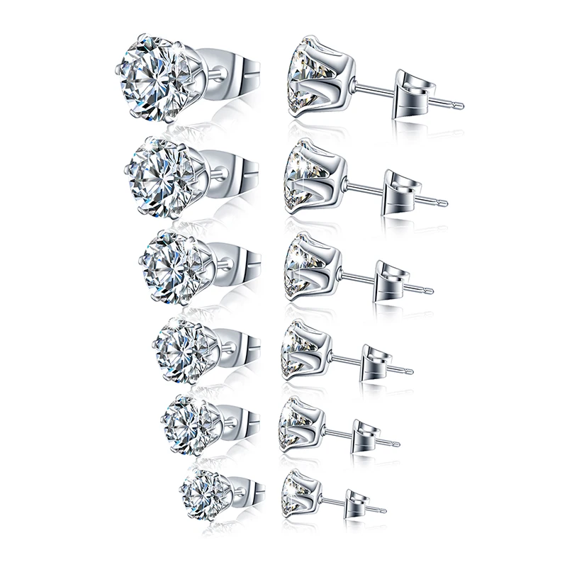 

Женские серьги с цирконием кубической огранки, набор украшений из нержавеющей стали, круглые серьги-гвоздики с кристаллами (3-8 мм, 6 пар)