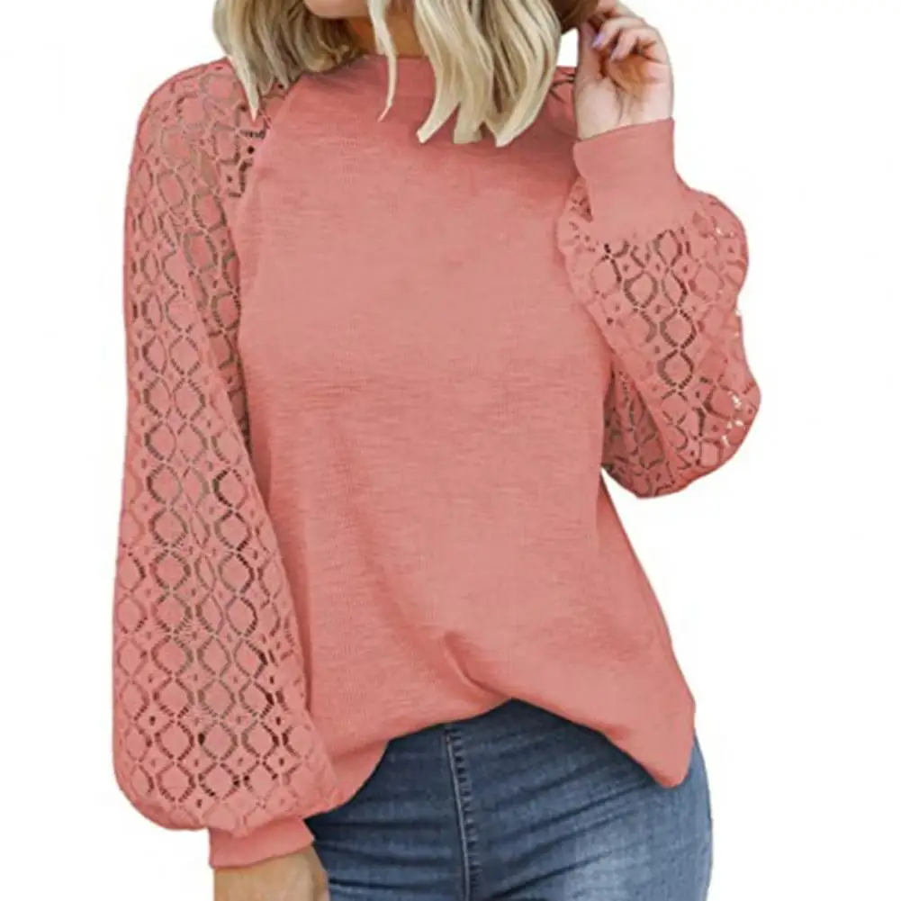

Lace Patchwork Casual Blouse Long Sleeve Simple O-Neck Hollow Out Women Shirt Streetwear 2022 New