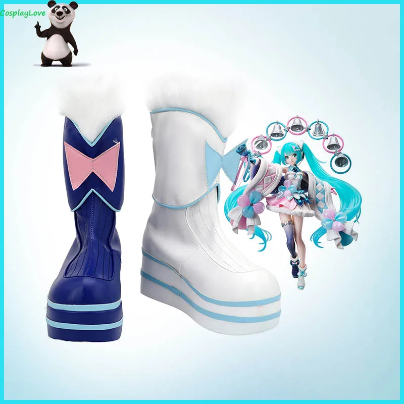 

CosplayLove Vocaloid Miku 2020 Magical Mirai Tokyo Blue White Cosplay Shoes Long Boots Leather Custom Made