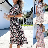 rocwickline new summer and autumn womens dress a line crystal beach style print v neck butterfly sleeve loose casual dress