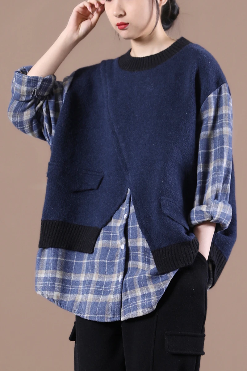 

Female new spring korean style plus size hem stitching plaid shirt fake two piece loose sweatershirt