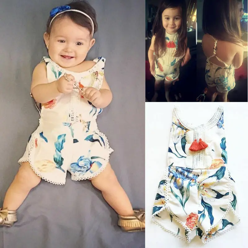

Cotton Newborn Kids Baby Girl Sleveless Lace Romper Lily printing Jumpsuit Clothes Sunsuit Outfits