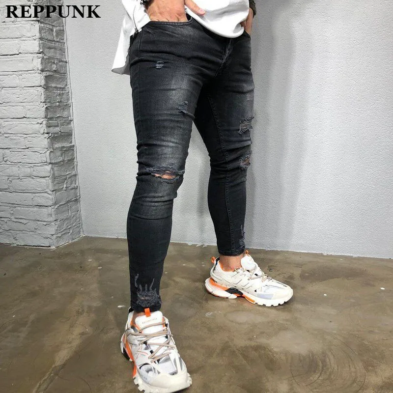 REPPUNK 2020 черные Стрейчевые облегающие джинсы мужские рваные байкерские до колена