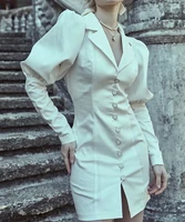 fashion elegant ol women white shirt dress za 2021 spring autumn vintage puff sleeve dresses v neck mini vestido single breasted