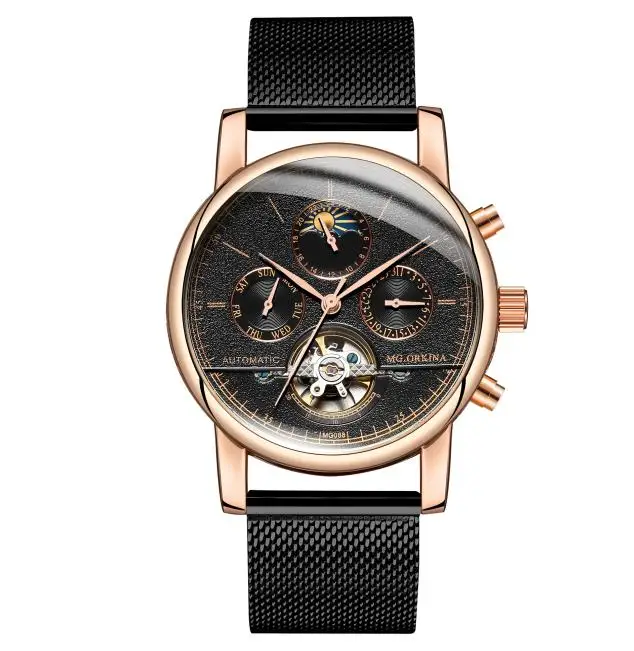 steel rose black MG ORKINA Автоматические Мужские часы с самообмоткой Moon Phase наручные часы tourbillon механические наручные часы montre homme reloj hombre - Цвет: steel rose black