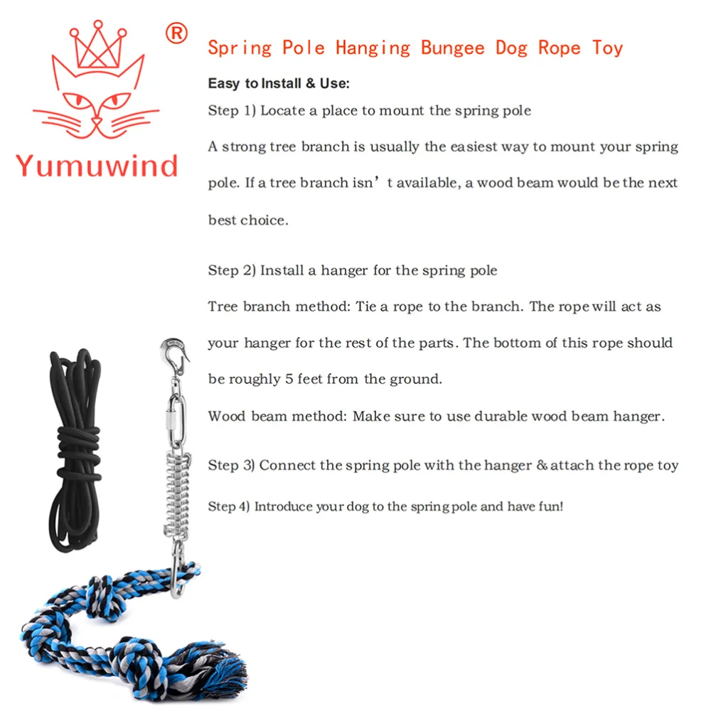 

Pet Durable Stainless Steel Spring Pole Dog Rope Toys Hanging Exercise Rope with 5M Black Ropes