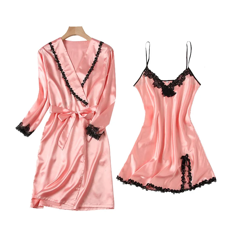 Summer New Sexy Silk Sling Gowns Robe Suit Comfortable Thin Bathrobe Morning Gown Lace Nightwear Home Wear Sexy Sleepwear