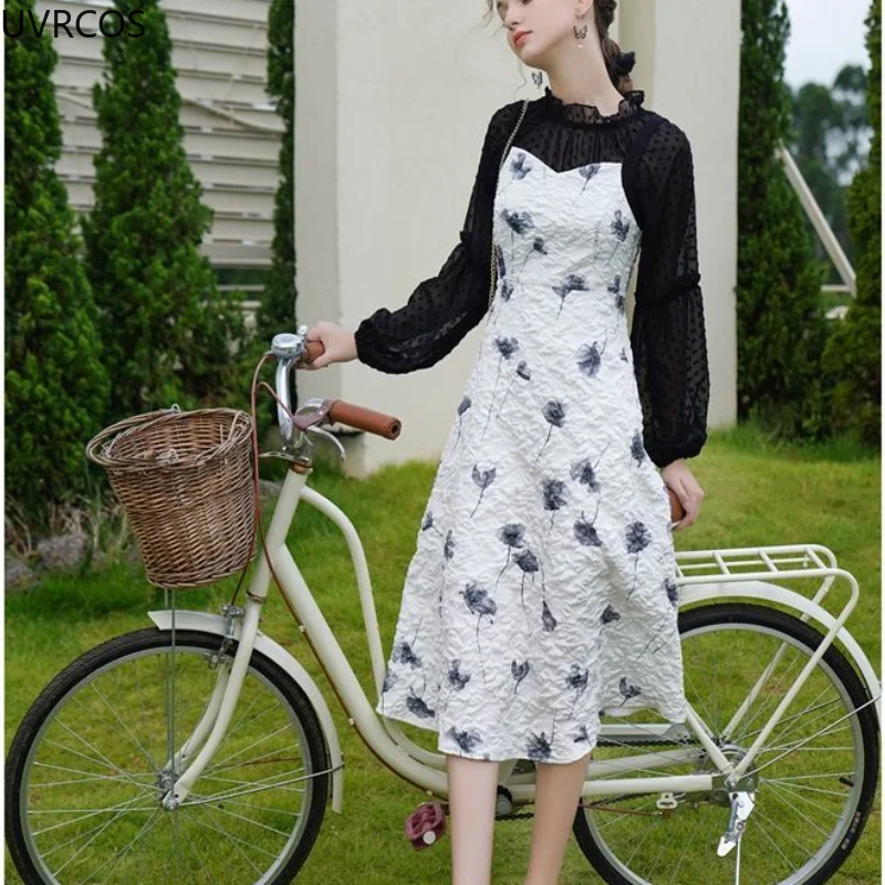 

Winter Retro Hepburn Style Elegant Party Midi Dress Suits Women Sweet Floral Print Strap Dress Black Blouse Korean Two Piece Set