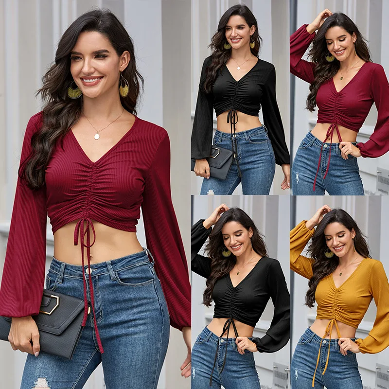 

Women Sexy V neck Expose Belly Short T shirts Long Lantern Sleeve Drawstring Tops Female Crop Tops