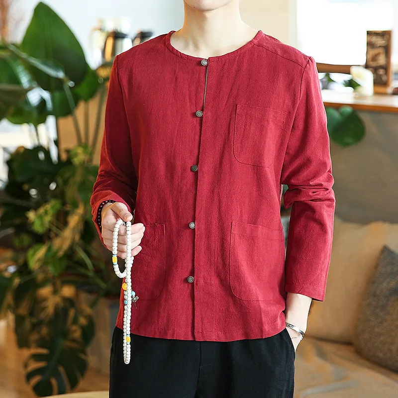 

2020 Long Sleeve Kungfu Blouse Shirts Traditional Chinese Tang Suit Top Male Vintage Solid Hanfu Coat for Men Casual Tang Coat