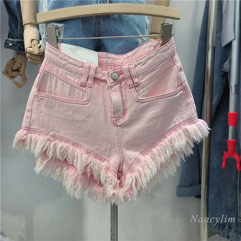 

SHZQ Ripped Tassel Edge Pink Denim Shorts Woman Summer New High Waist Wide Leg Slimming Fashion All-match Jeans Hot Pants