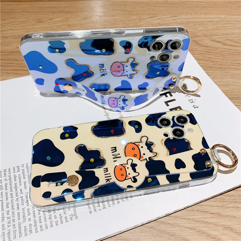 

Cute Cartoon Milk Cow Phone Case for iPhone 12 Mini 11 Pro XS Max X XR 8 7 plus Wristband Soft IMD Silicon Back Cover