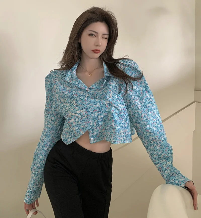 

Fashion Floral print Shirts Blouse Women Turn Down Collar Long Puff Sleeve Tops Female Elegant Fashion Clothes