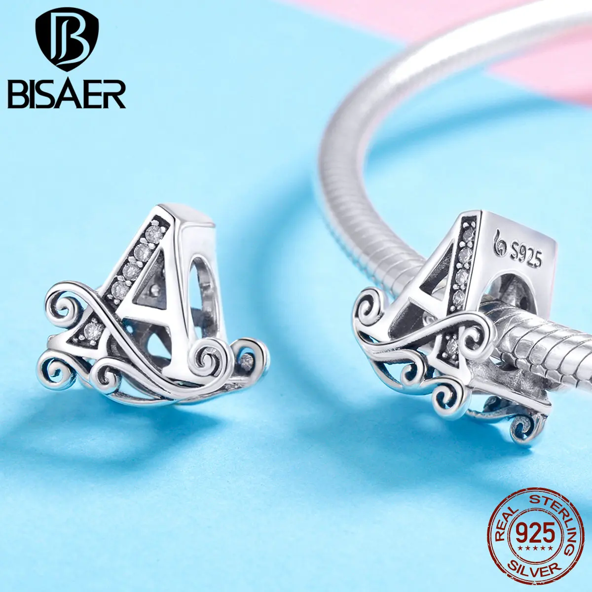 BISAER очаровательный браслет серебро 925 Циркон Алфавит бусины для изготовления ювелирных изделий подарок для женщин HVC030-A