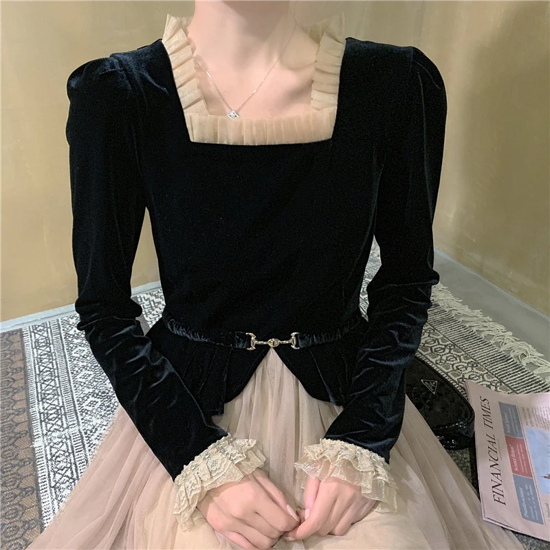 

2021 spring new French retro velvet square neck long sleeve stitching mesh long dress women's trend fashion dresses