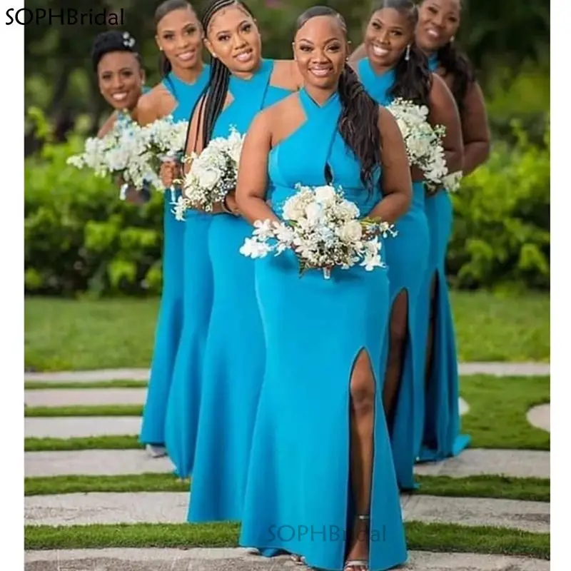 

Halter Slit Mermaid Bridesmaid Dresses 2021 Blue Long African Women Wedding Party Dress Plus Size Vestidos Prom Formal Gown