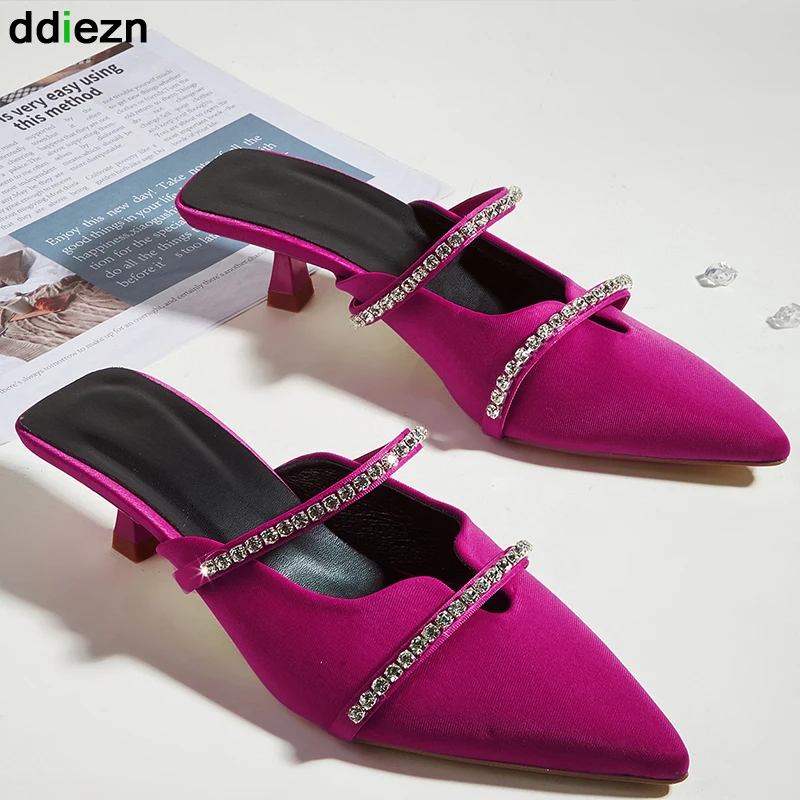 

Woman Pumps 2022 Spring 8 CM High Heels Ladies Slippers Sandals Fashion Rhinestones Pointed Toe High-Heeled Slip-On Female Shoes