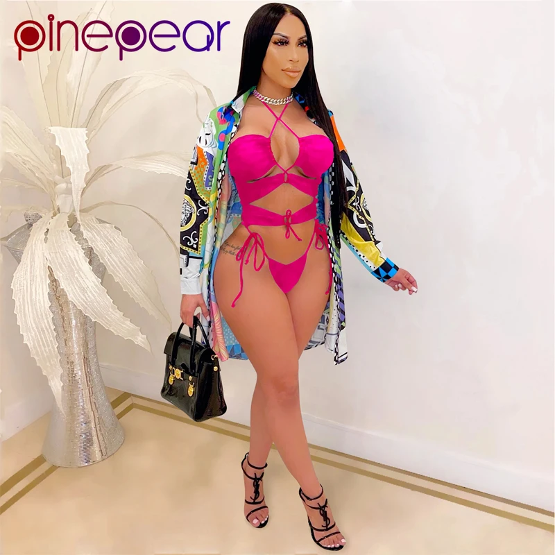 

PinePear Hollow Out Bandage Bodysuit Beach Wear Swimming Suit for Women Two Piece Set Bathing Suits Sexy Swimwear with Cover Up