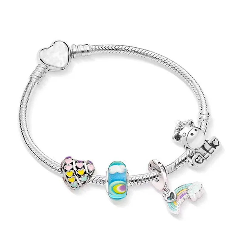 

100% 925 Sterling Silver Fashion Rainbow Pendant And Unicorn Beaded Bracelet For Women Wedding Party Gift Fashion Jewelry