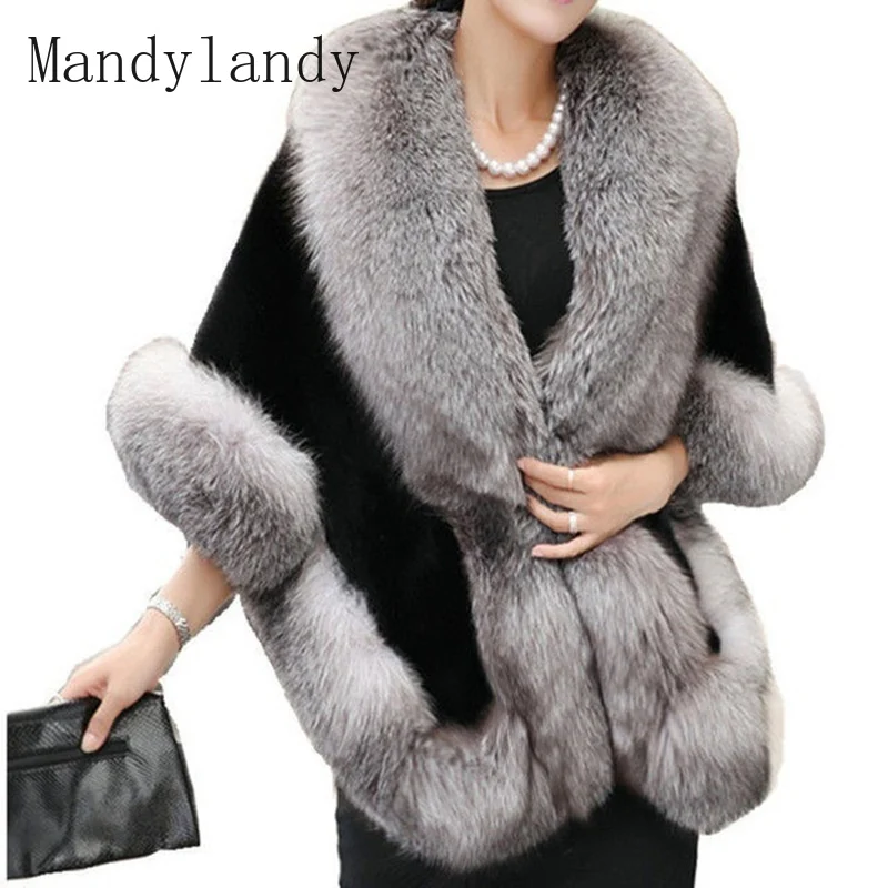 

Mandylandy Luxury Womens Lady Faux Mink Cashmere Wedding Winter Long Fur Coat Shawl Cape