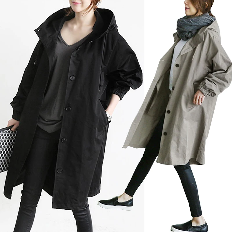 

2021 Spring Autumn Trench Coat Women Casual Long Sleeve Hooded Medium Long Female Overcoat Plus size loose Windbreaker Coats 4XL