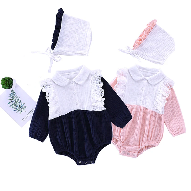 

Lace Collar Service Princess Female Baby Girls Triangular Crawling Clothes Romper Spring Long Sleeve princess clothes cap 2pcs
