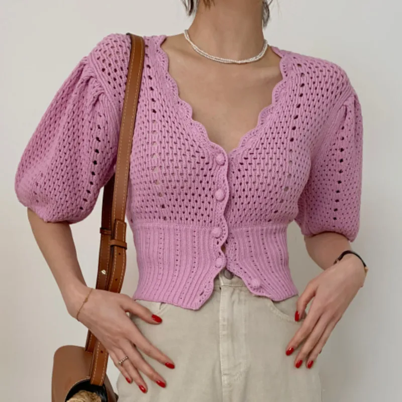 

2021 Summer Puff Sleeve Hollow Crochet Flower Cardigan Women's Elegant V-neck Slim Knitted Crop Top Casual Knit Sweater Sweater