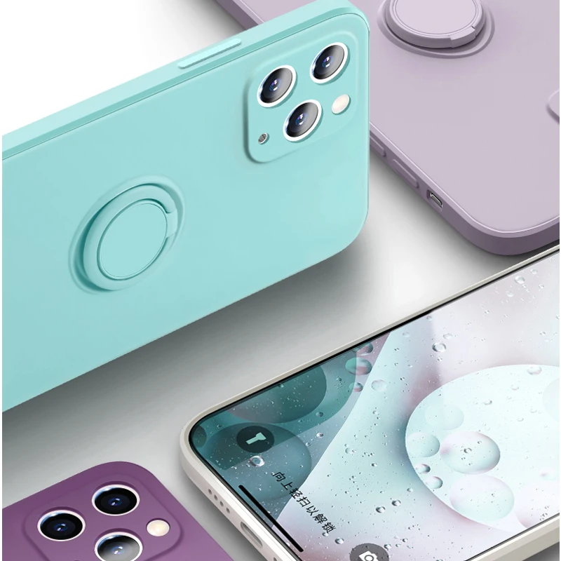 

Luxury Square Liquid Silicone Ring Holder Soft Case For iPhone 12 mini 11 Pro Max mini X XS XR 8 7 Plus Camera Protection Cover