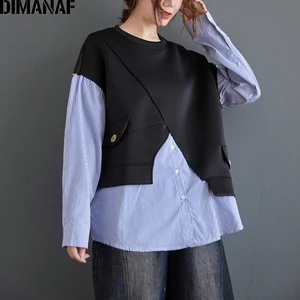 Женская толстовка с длинным рукавом DIMANAF, хлопковый пуловер свободного кроя, повседневный черный Свитшот в полоску, зимний топ оверсайз