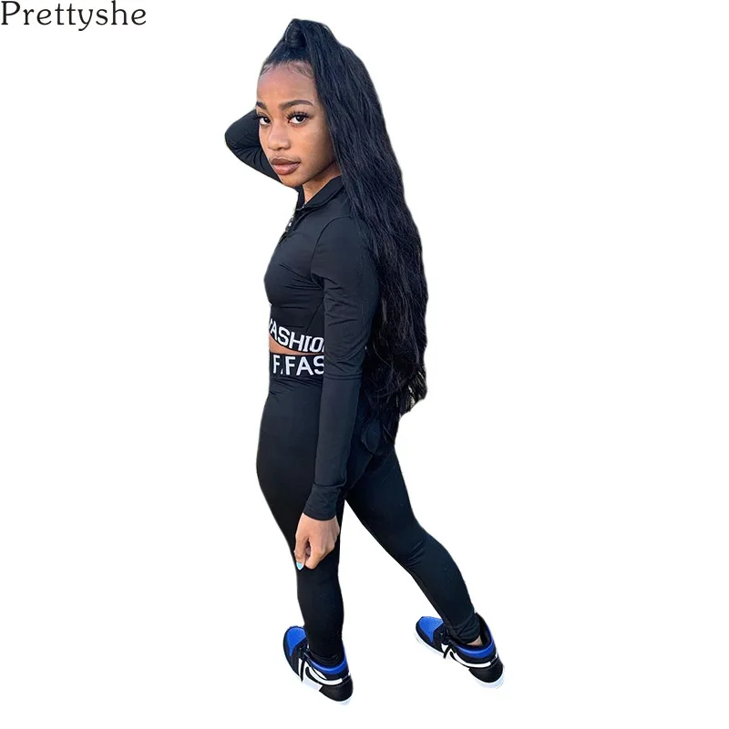 

Prettyshe 2021 Springnew Fashion Casual Women's Two Piece Set Sports Solid Letter Printing Short Tops Trousers Suit Slim Fit