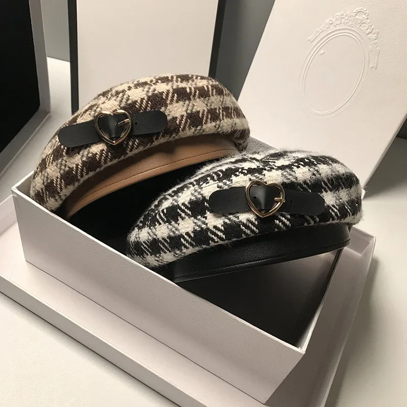 

202110-MOH British style autumn plaid belt beret hat men women Leisure painter cap