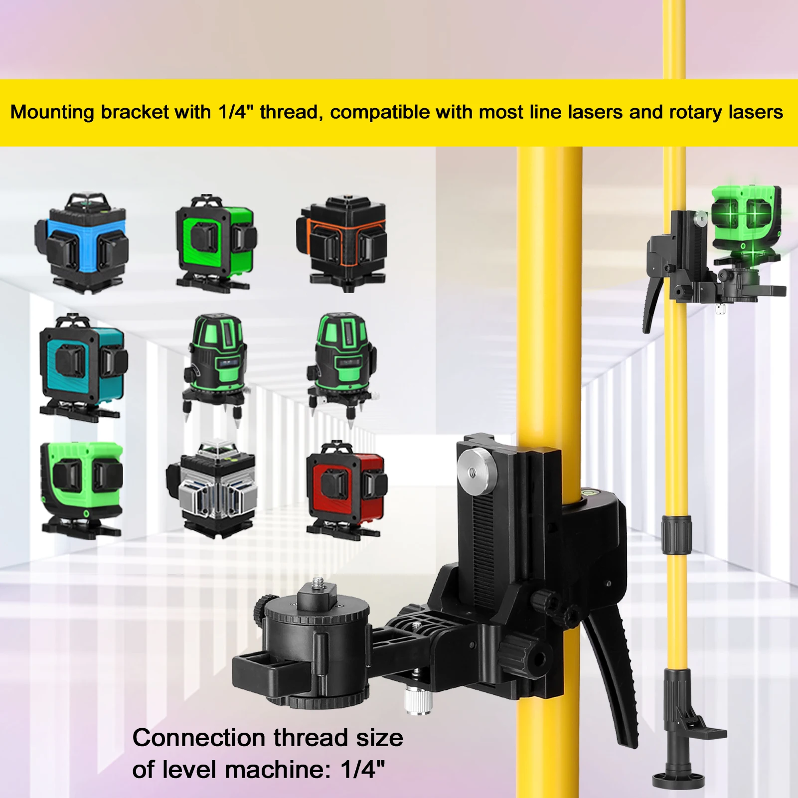 

Laser Level Holder Stander Max 4.2m 1/4'' Thread Lift Extend Holder Height Adjustable Stander Bar Telescopic Pole Bracket