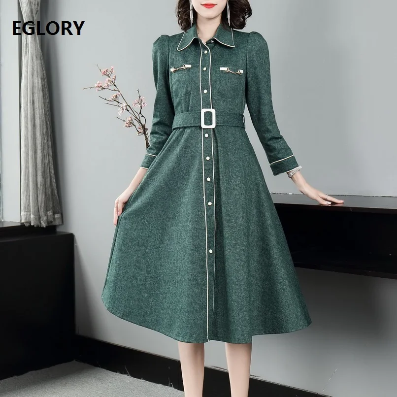 High Quality Denim Dress 2020 Autumn Winter Fashion Jeans Dress Women Metal Ring Deco Long Sleeve Casual Cotton Green Blue Dress