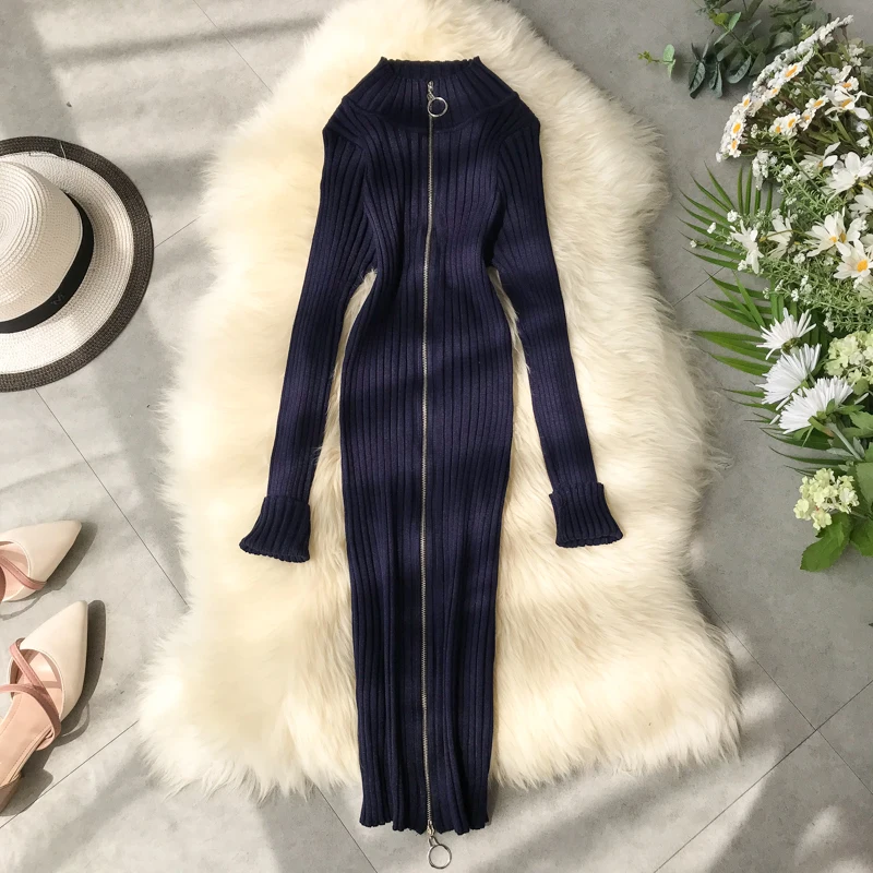 Осень зима 2019 новинка цельный на молнии тонкий талии с разрезом трикотажный низ