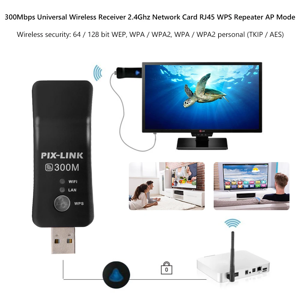 Универсальный Mini USB TV WiFi Dongle адаптер 2 4 ГГц 300 Мбит / с беспроводной приемник RJ45 WPS