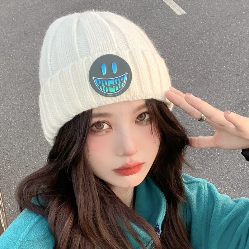 

MYALICE Unisex Autumn and Winter Smiley Wide-brimmed Knitted Hat Beanie For Women Solid Color Thicken Warm Knitting Women Caps