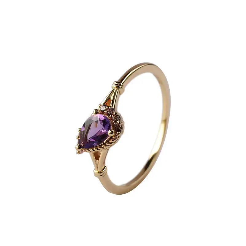 

Designer's unique craftsmanship diamond heart-shaped amethyst opening adjustable ring retro exquisite ladies jewelry