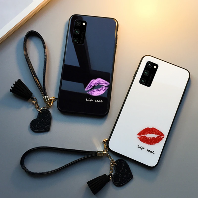 Чехол для Huawei Honor V30 Pro 20i 20 Lite и бесплатный ремешок с принтом в виде губ жесткий