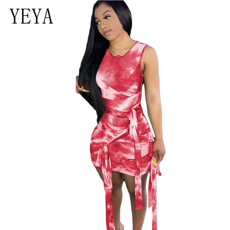 

YEYA Print Mesh Patchwork Dress See Through O Neck Lace Up Bandage Sleeveless Off Shoulder Pleated Tanks Dresses Party Clubwear