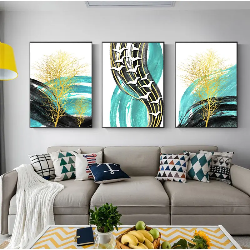 Абстрактный Синий Золотой дерево и Птицы Холст живопись цвет Spalsh постер принт