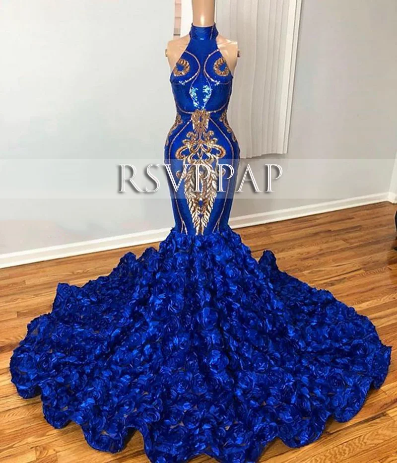 Женское длинное платье русалка синего цвета с высокой горловиной расшитое 3D