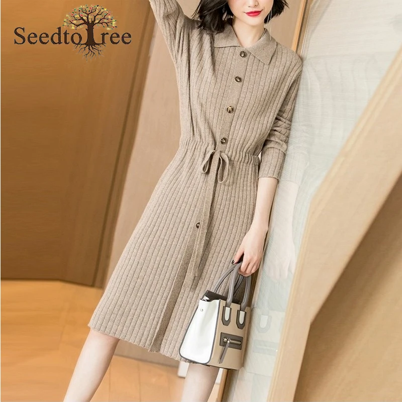 

Однобортное Повседневное платье-свитер однотонного цвета, женское Облегающее вязаное платье с длинным рукавом и отложным воротником