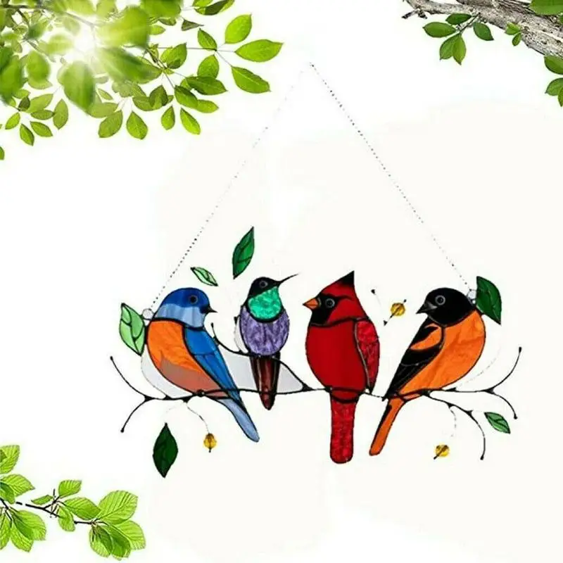 

Multicolor Birds on a Wire Wind Chimes High Stained Metal Suncatcher Window Panel Home Decor Hanging Catcher Decoration