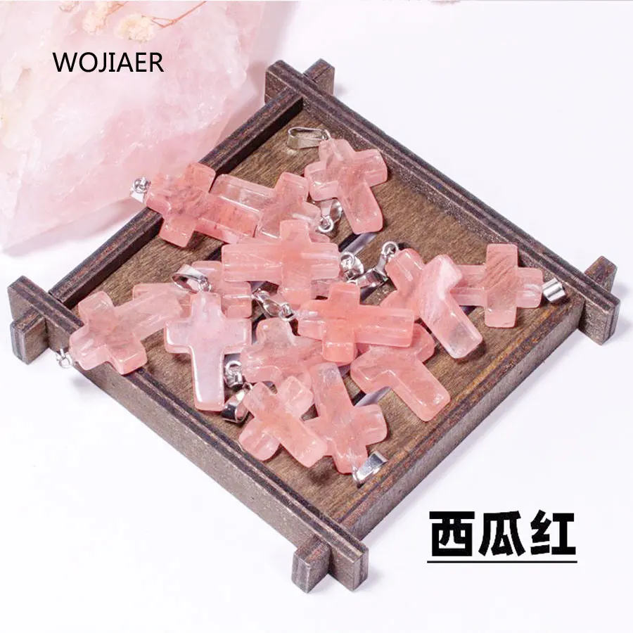 

WOJIAER Stylish Natural Watermelon Crystal Gem Stone Cross Pendant Pendulum Stone 25x18x6mm Energy Handmade Jewelry 1PCS ZM0509