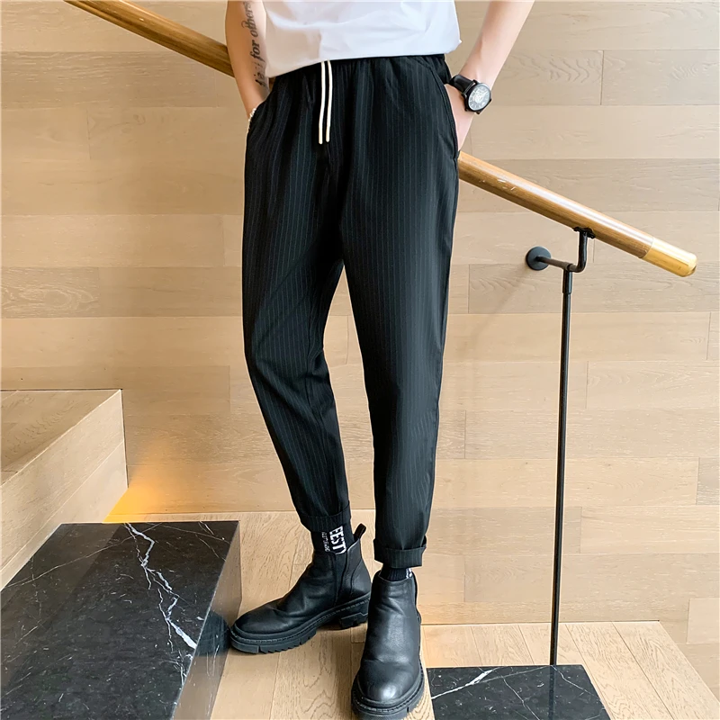 

2021 Striped Suits Pants Men Korean Loose Business Dress Pants Male Streetwear Casual Office Social Pants Elastic Waist Trousers