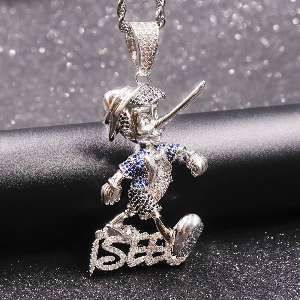 Pinocchio мультфильм аниме персонаж кулон с веревкой цепь золото серебро Bling кубический циркон мужская хип хоп ожерелье ювелирные изделия подарок
