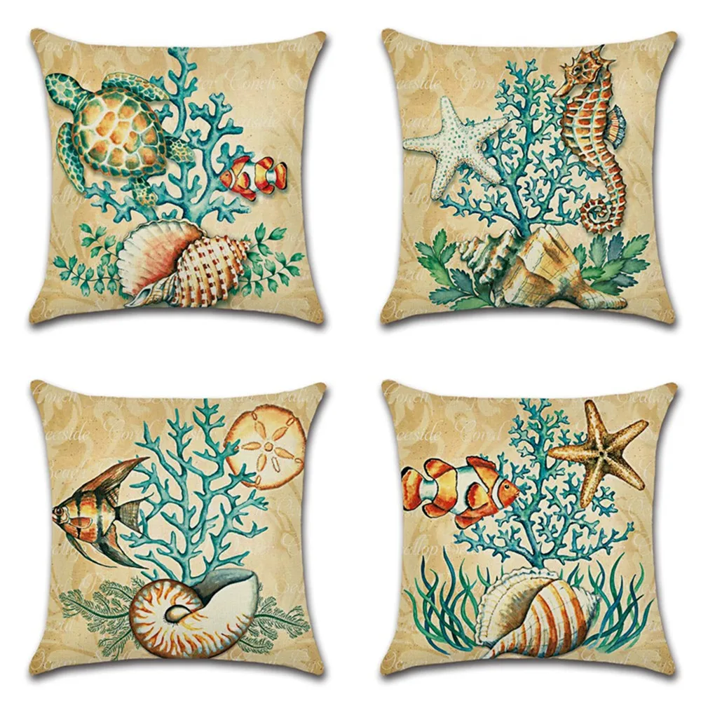 

Underwater World Linen Pillowcase Turtle Hippocampu Coral Starfish Shell Tropical Ocean Fish Print Car Sofa Cushion Cover 45*45