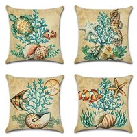 underwater world linen pillowcase turtle hippocampu coral starfish shell tropical ocean fish print car sofa cushion cover 4545