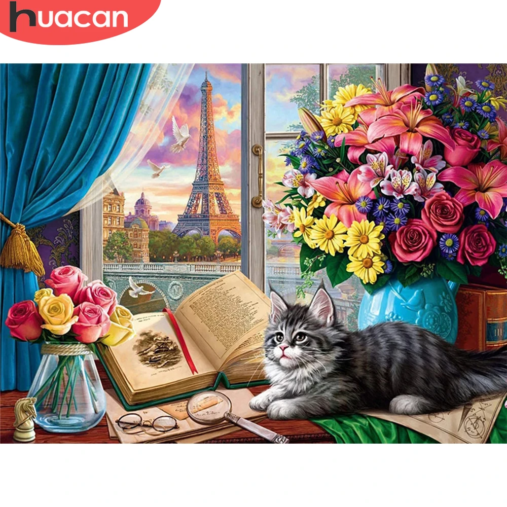 

HUACAN живопись маслом по номерам цветочные наборы кошка для взрослых ручная роспись DIY подарок картина по номеру животное на холсте украшение...